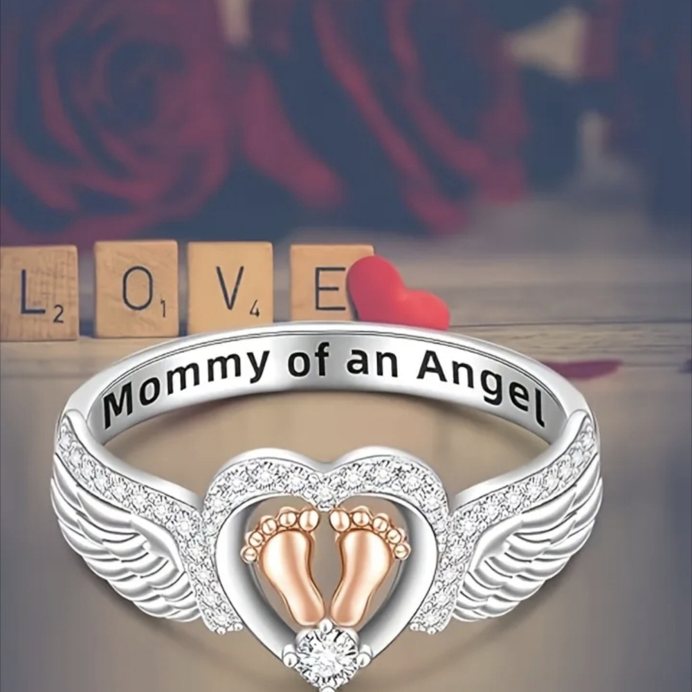 “Mommy of an Angel” Memorial Ring Baby Feet Heart Wing Ring CZ Silver Tone T2B1R